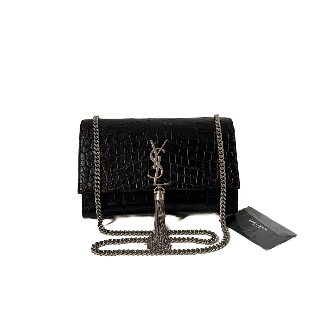 Kate Medium Croc-Embossed Tassel Black