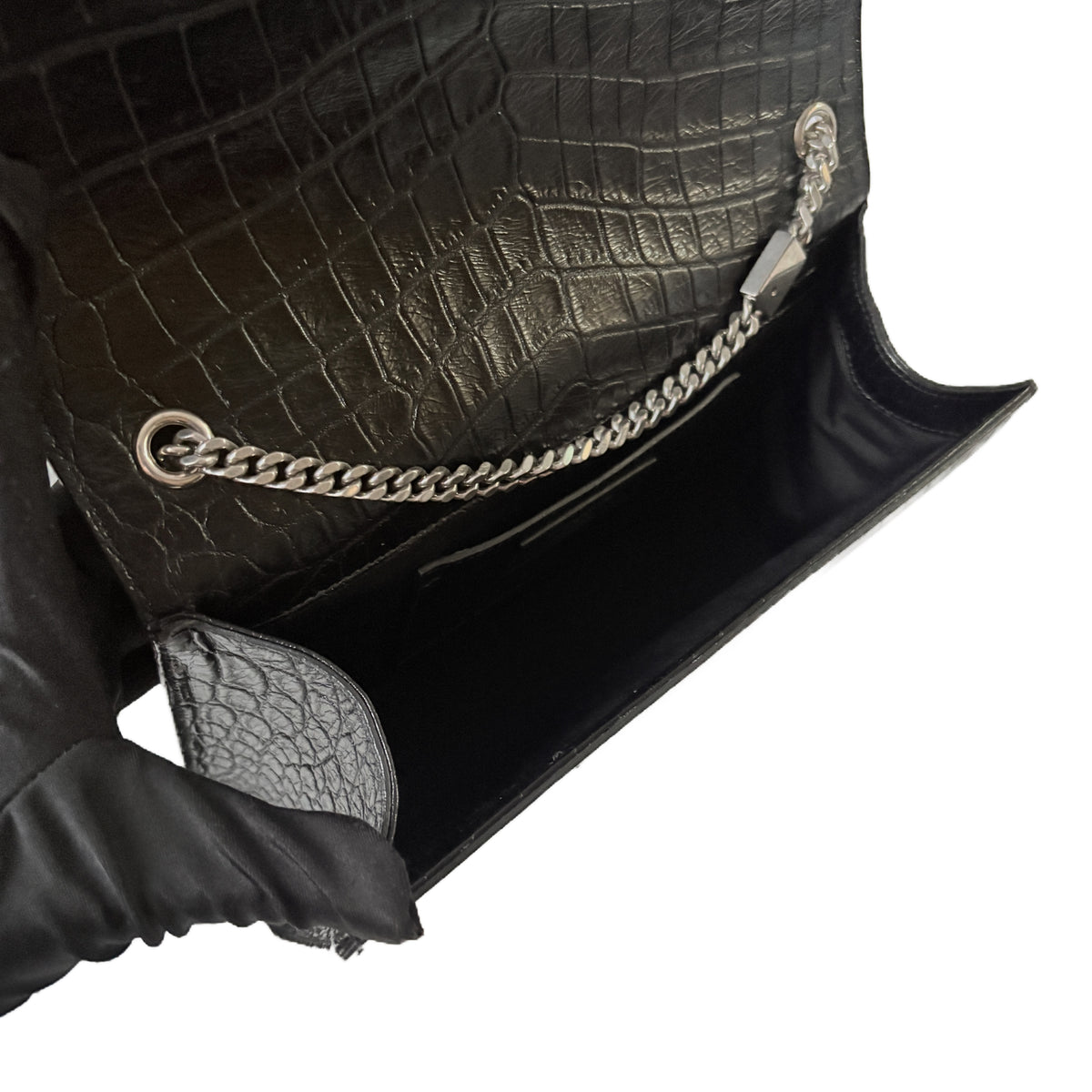 Kate Medium Croc-Embossed Tassel Black
