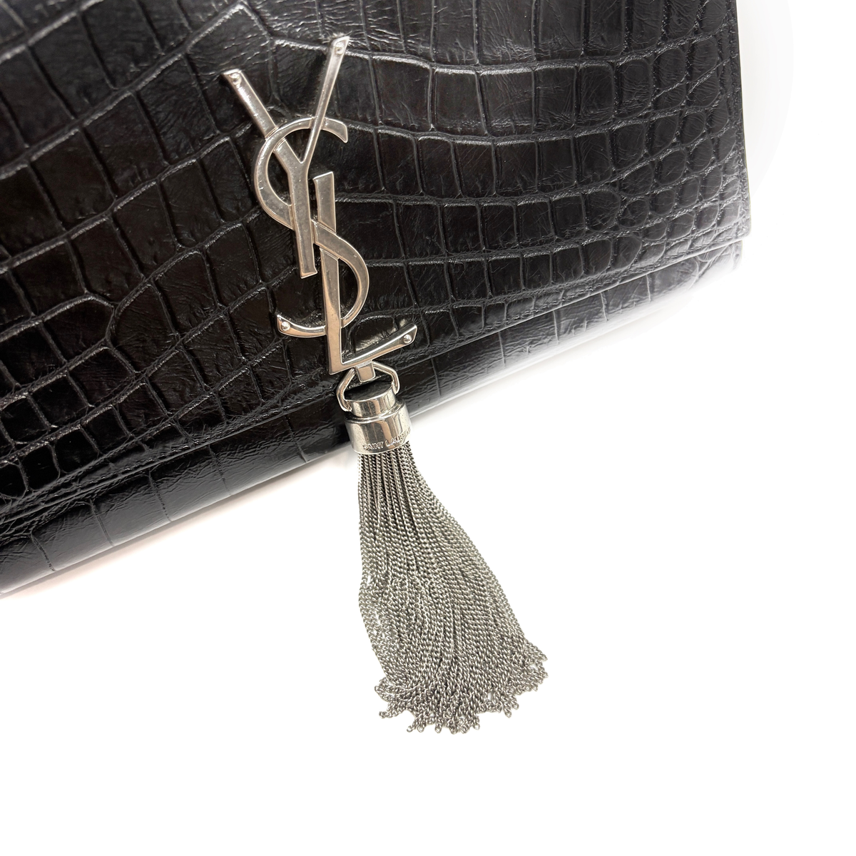 Kate Medium Croc-Embossed Tassel Black