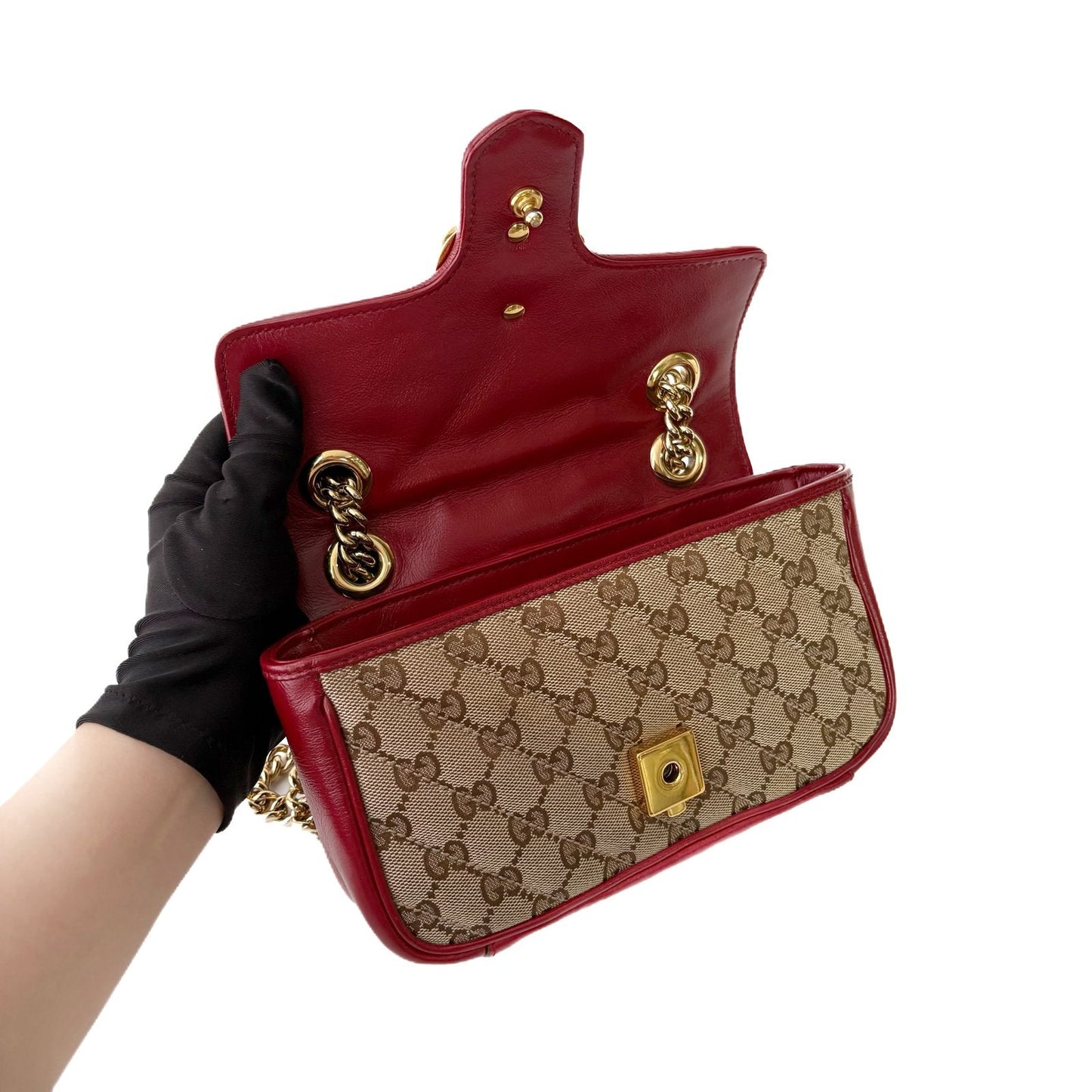 GG Marmont Small Shoulder Bag Red and Beige GG Canvas