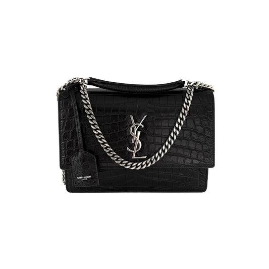 Sunset Medium Black Croc-Embossed Leather