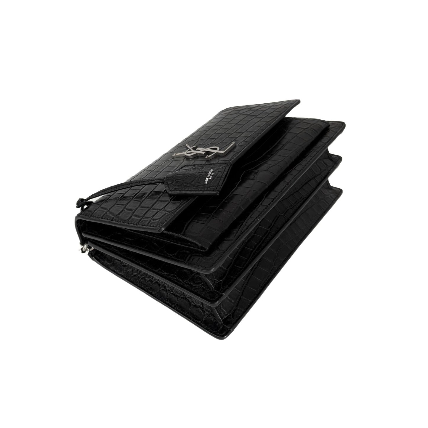 Sunset Medium Black Croc-Embossed Leather
