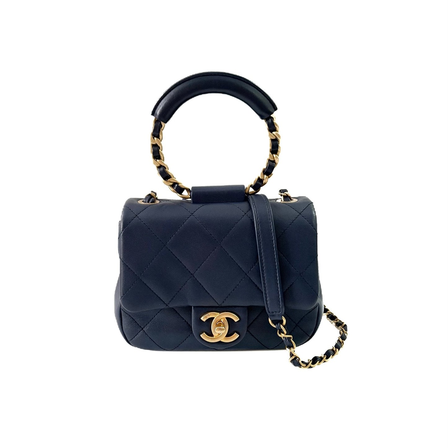 Classic Flap Mini Top Handle Navy Lambskin